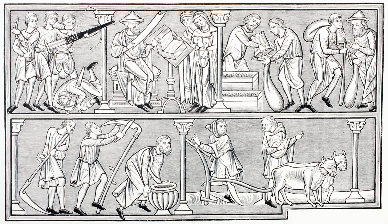 De werken van oorlog, wetenschap, handel en landbouw, naar een miniatuur in een 13e-eeuws psalter, uit Les Arts au Moyen Age, gepubliceerd 1873 door French School