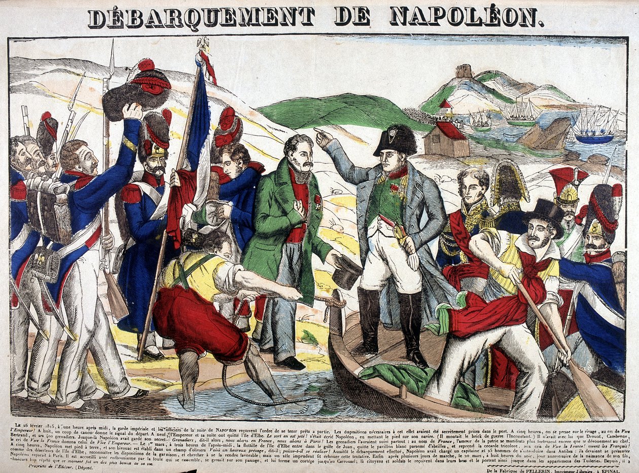 De landing in de Golf Juan: Napoleon I keerde op 1 maart 1815 terug naar Frankrijk na de periode van ballingschap op het eiland Elba. Afbeelding van Epinal door French School