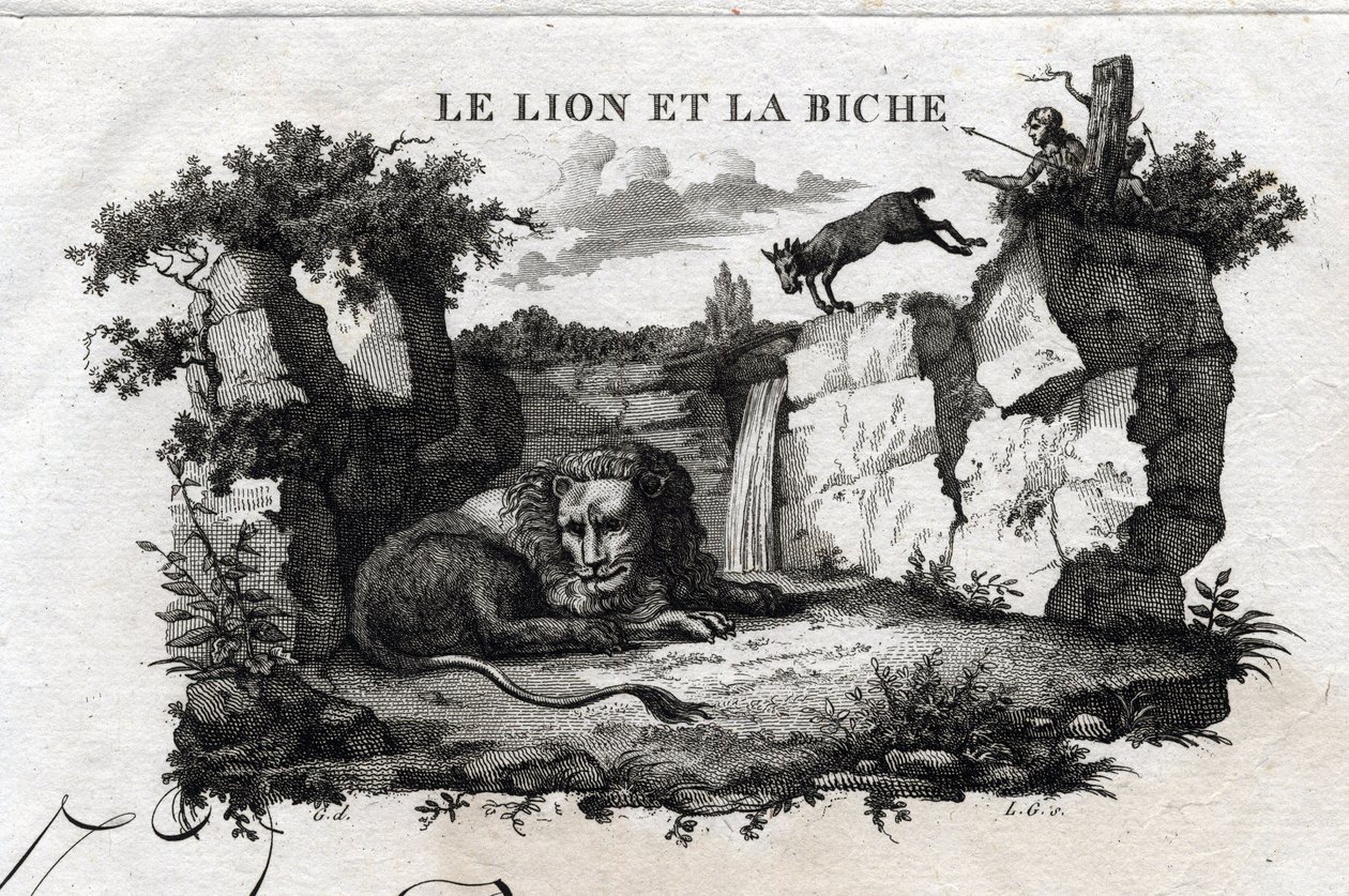 De leeuw en het hert. Fabel van Aesopus. Geschreven door Guillaume Montfort en gegraveerd door Beauble in 1801. door French School