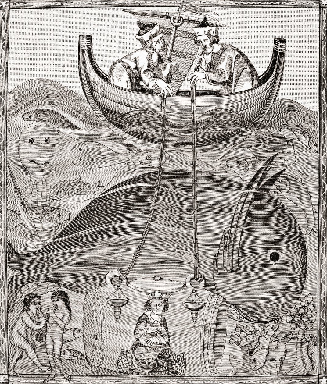 De maritieme wereld volgens de opvattingen van de Middeleeuwen, uit Wetenschap en Literatuur in de Middeleeuwen door Paul Lacroix, gepubliceerd in Londen 1878 door French School