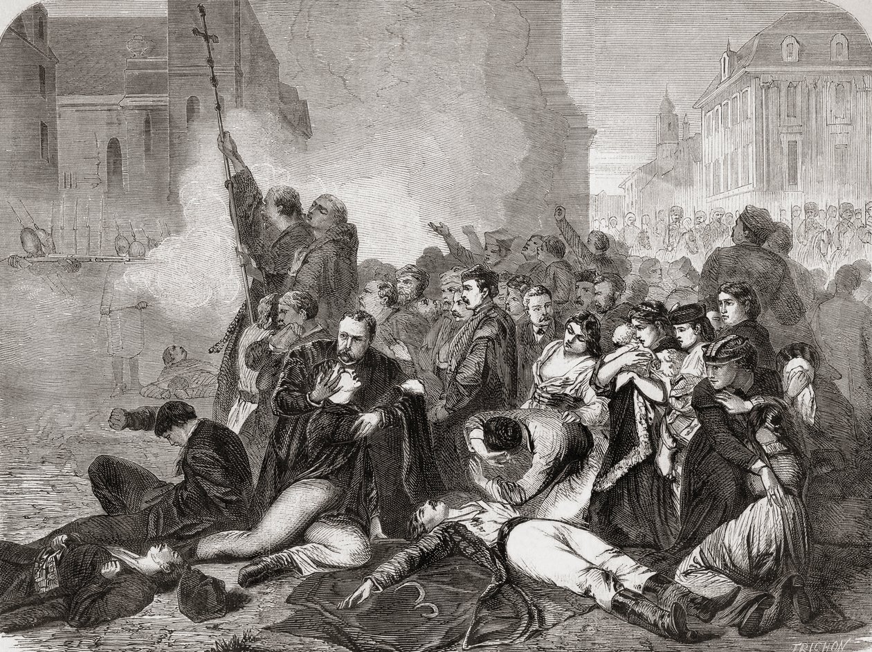 Het bloedbad van burgers op Castle Square, Warschau, op 8 april 1861 door Russische infanterie en cavalerie, uit "L