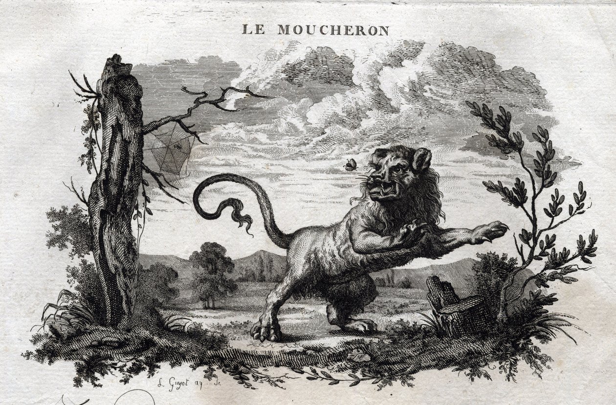 De muggen. Fabel van Aesopus. (Griekse schrijver Aesopus of Aesopus, 6e eeuw v.Chr.) Geschreven door Guillaume Montfort en gegraveerd door Beauble in 1801 door French School