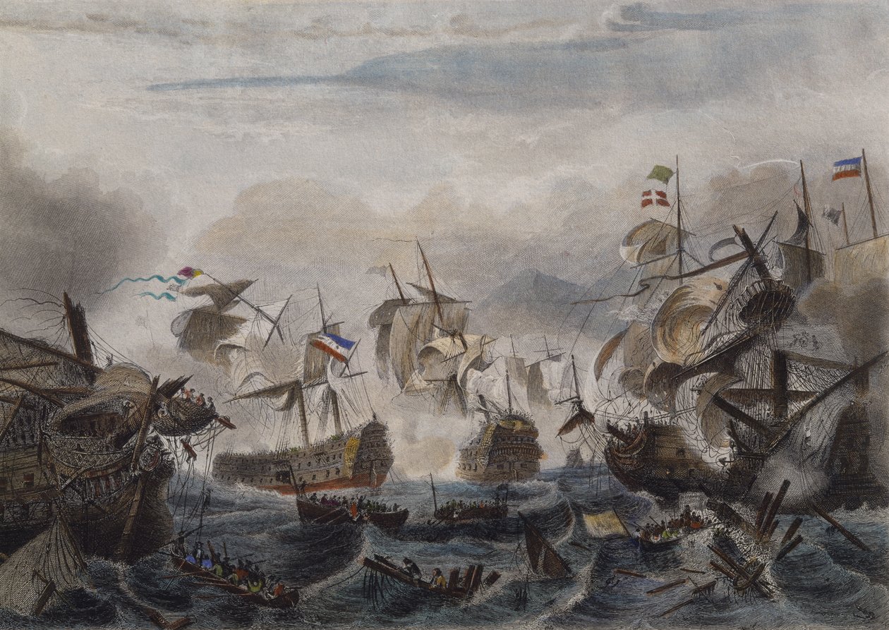 De zeeslag bij Kaap La Hogue in 1692, gegraveerd door Chavanne door French School