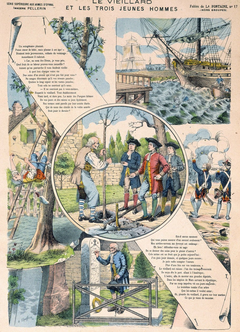 De oude man en de drie jonge mannen - Fabels van La Fontaine in afbeeldingen van Epinal door French School