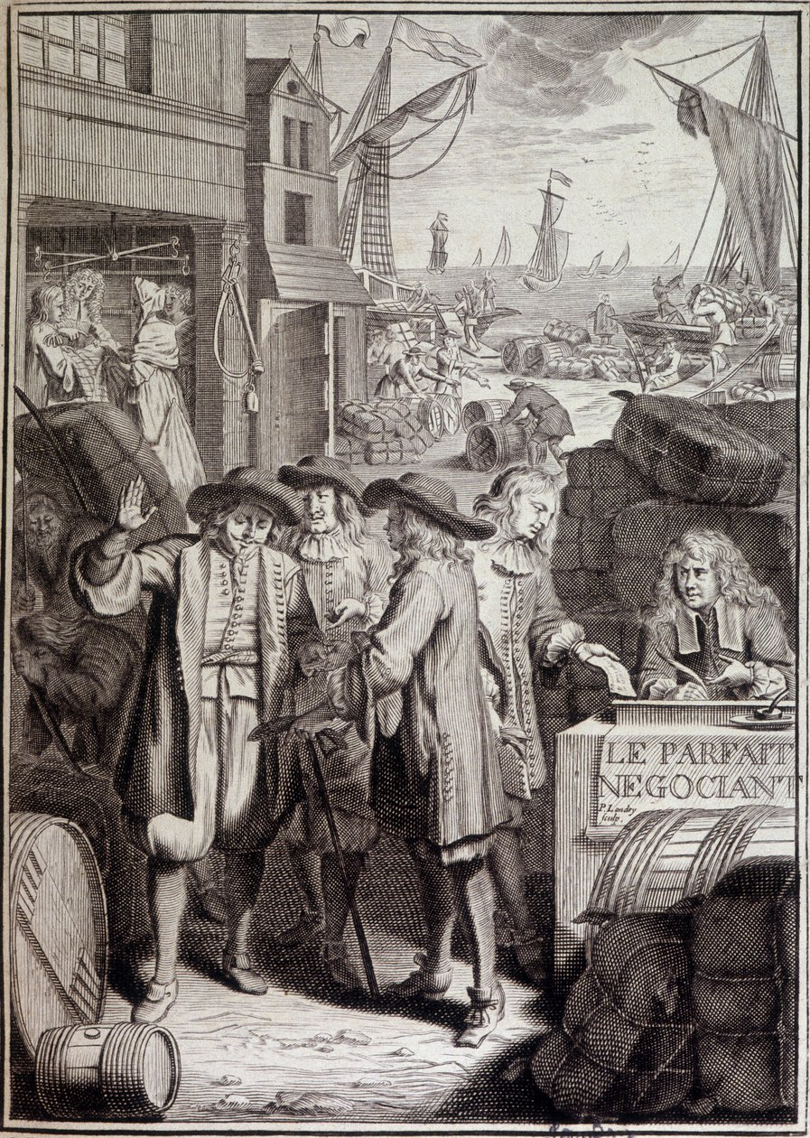De perfecte onderhandeling (conclusie van een mars op een haven in de 18e eeuw) - frontispice van een werk door Jacques Savary door French School