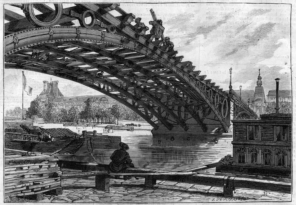 De herstelling van het dek van de brug van de Saints Peres (Pont du Carrousel) in 1883 (Saints-Peres) - gravure in 