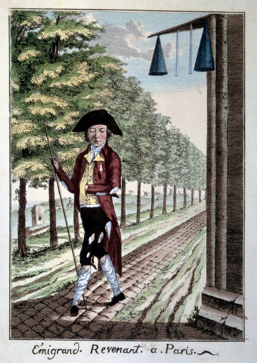 De terugkeer van een emigrant aan het einde van de Franse Revolutie. Een edelman met gescheurde kleren die de stad ontvluchtte tijdens de Revolutie. Gravure uit de 19e eeuw Parijs, Musee Carnavalet door French School