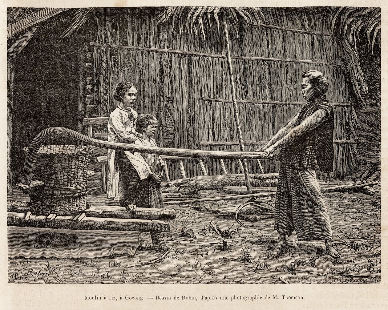 De rijstmolen, voor het huis van een boer in Gocong, gravure naar een tekening van Robin ter illustratie van de reis naar Cochinchine, door dokter Morice, in 1872, gepubliceerd in 