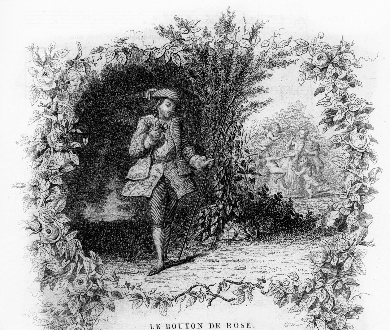 De rozenknop. Een eenzame en romantische jongeman in een tuin waar een jonge vrouw wordt omringd door cupido. Gravure in 