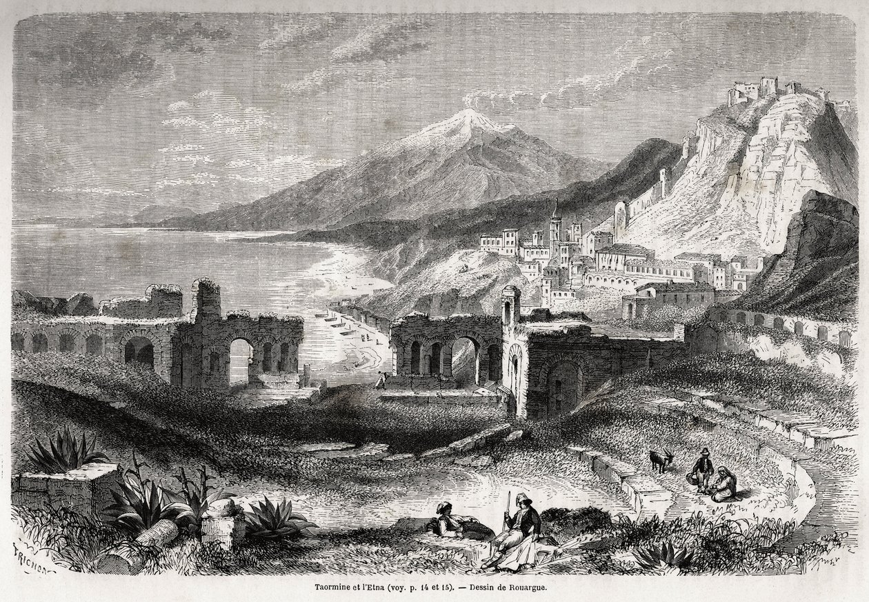 De ruïnes van het oude theater van Taormina (Tauromenium), aan de voet van de berg Taurus, met uitzicht op het moderne dorp Giardini en de Etna, tekening door Adolphe Rouargue en Emile Rouargue ter illustratie van Felix Bourquelot