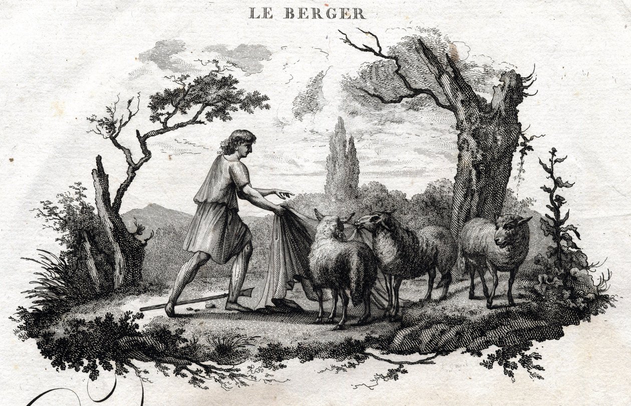 De herder. Fabel van Esope. Geschreven door Guillaume Montfort en gegraveerd door Beauble in 1801. door French School