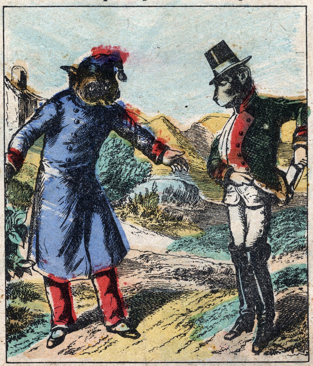 De zieke leeuw en de vos. Fabels van Jean de La Fontaine. Epinal afbeelding eind 19e eeuw. door French School