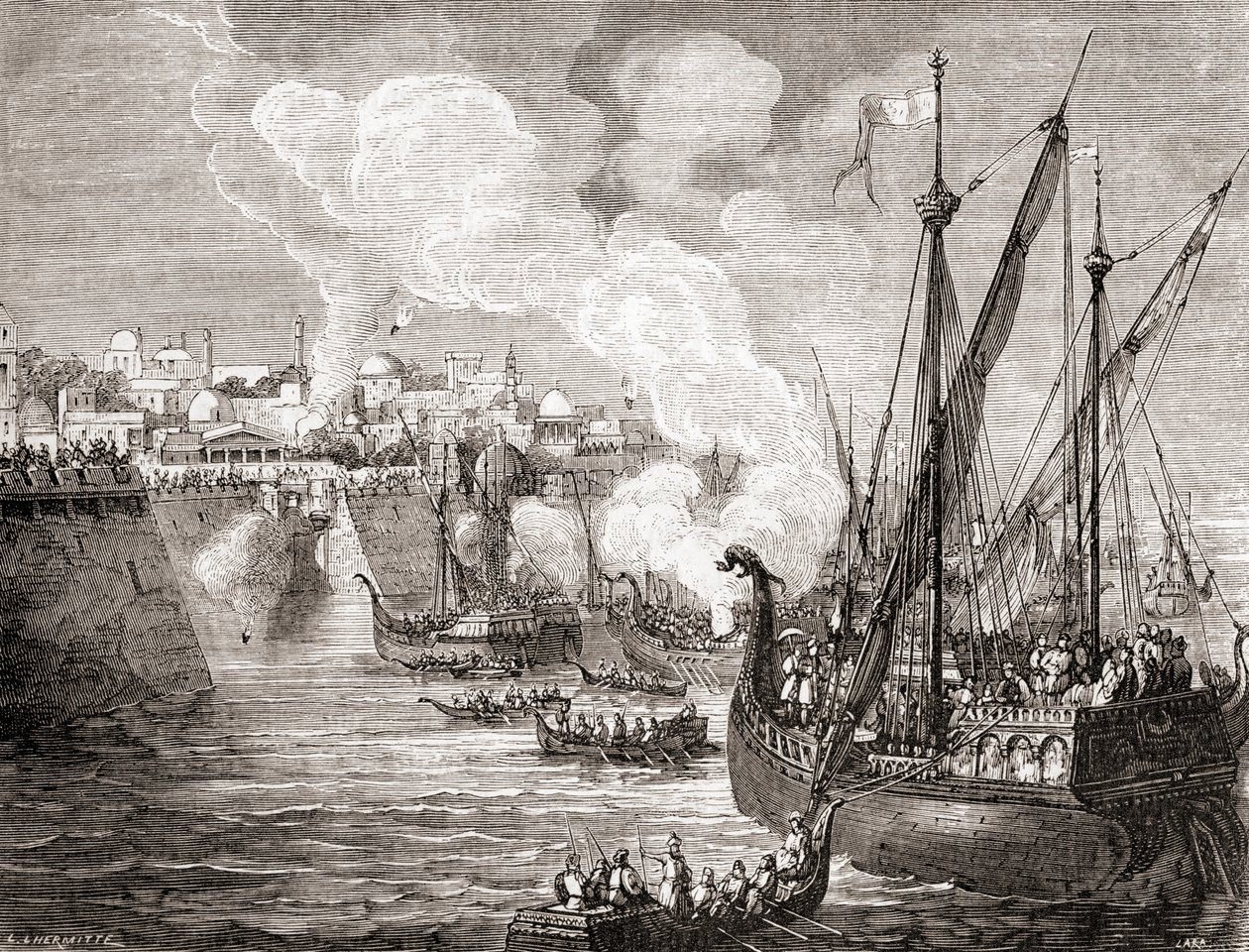 Het beleg van Constantinopel in 1453 door Ottomaanse sultan Mehmed II, uit Les Merveilles de la Science, gepubliceerd ca. 1870 (gravure) door French School