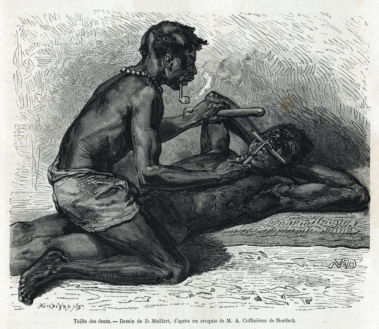 Het vijlen van de tanden in de Okanda, tekening door D. Maillard, ter illustratie van het verhaal van een reis naar Gabon en de Ogoue-rivier in 1875-1877, door Alfred Marche. Gravure in Le tour du monde door French School