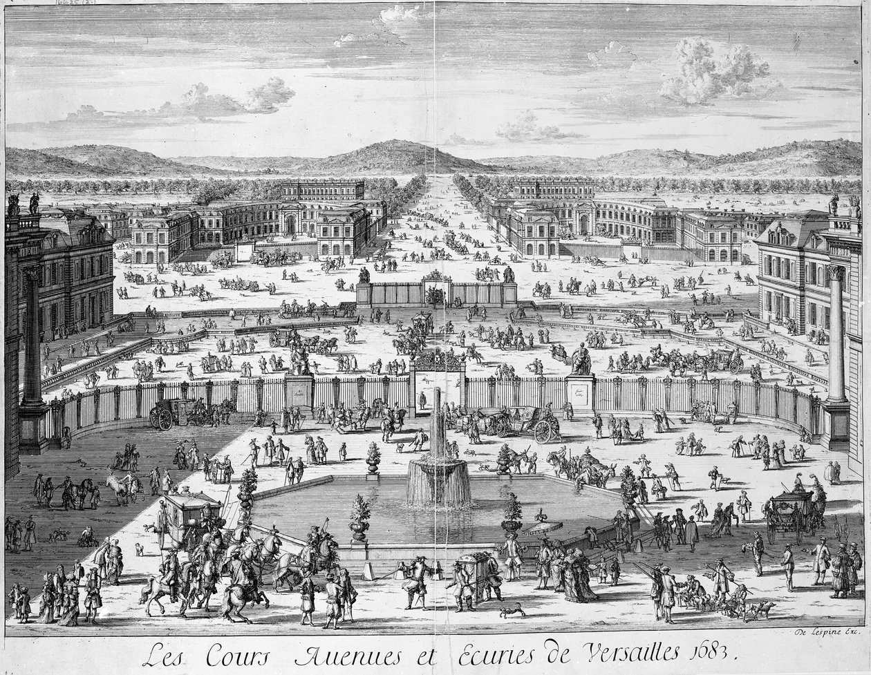 De stallen en poorten van Versailles gezien vanaf het paleis, 1683 door French School