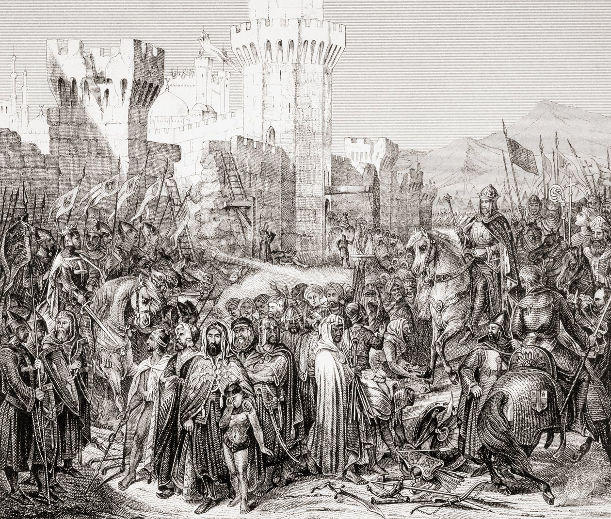 De overgave van Akko aan Filips II van Frankrijk, genaamd Filips Augustus, tijdens de Derde Kruistocht, uit L