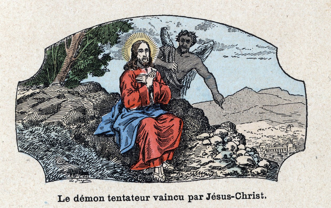 De verleidende demon verslagen door Jezus Christus. Jezus Christus werd door de geest naar de woestijn geleid en werd verleid door de duivel. In 