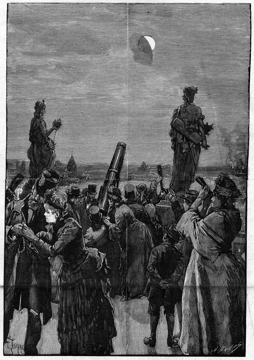 Het terras van de Trocadéro in Parijs tijdens de maansverduistering op 3 augustus door French School