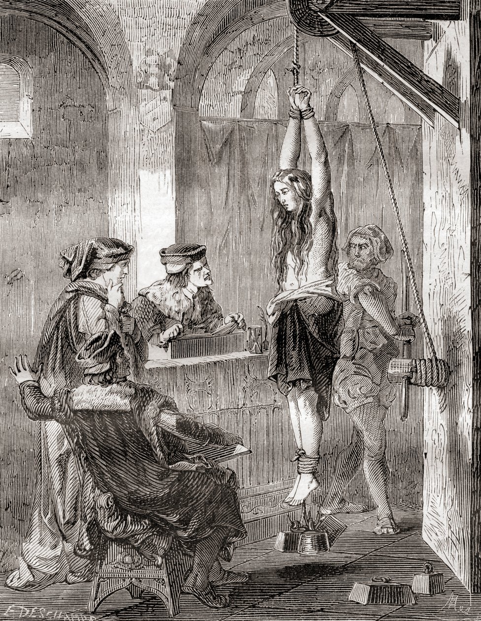 De marteling van een vrouw beschuldigd van hekserij in de middeleeuwen, uit Les Merveilles de la Science, gepubliceerd ca.1870 (litho) door French School