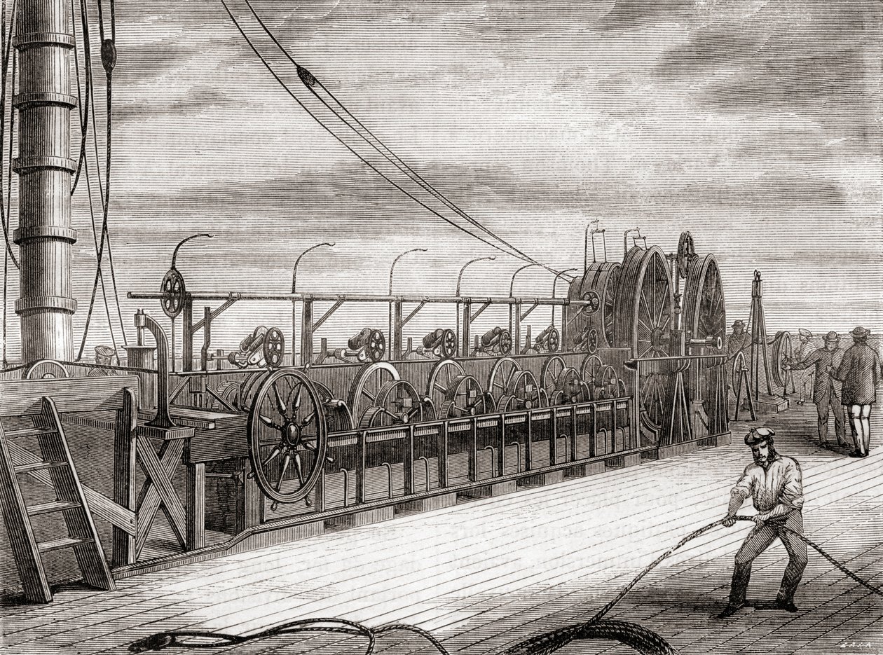 De trans-Atlantische telegraafkabel afwikkelunit aan boord van de S.S. Great Eastern door French School