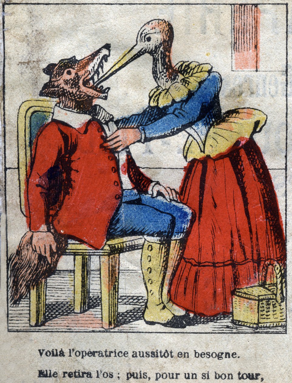 De wolf en de ooievaar. Fabels van Jean de La Fontaine. Epinal afbeelding eind 19e eeuw door French School