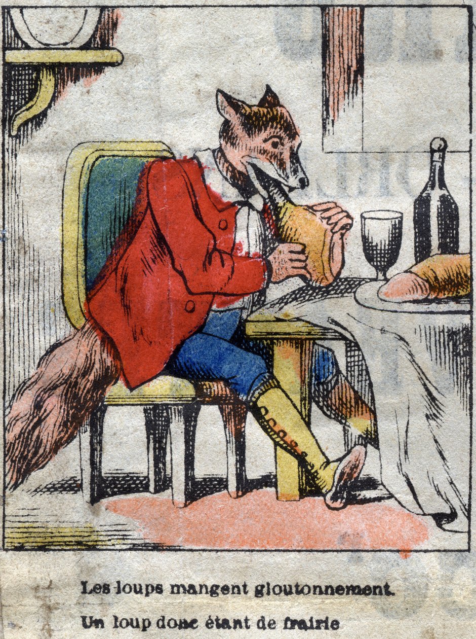 De wolf en de ooievaar. Fabels van Jean de La Fontaine. Epinal afbeelding eind 19e eeuw door French School