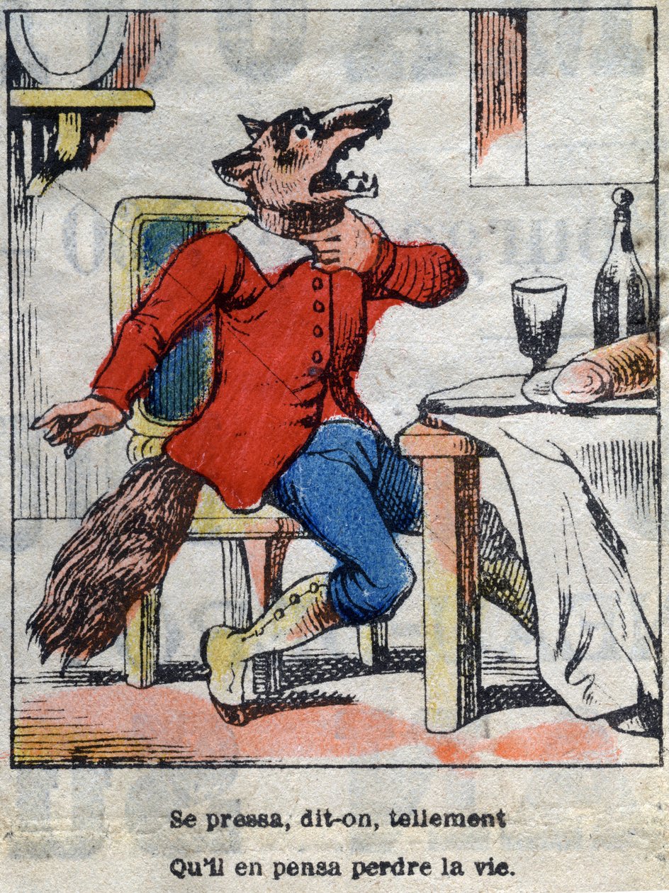 De wolf en de ooievaar. Fabels van Jean de La Fontaine (1621-95). Epinal afbeelding eind 19e eeuw. door French School