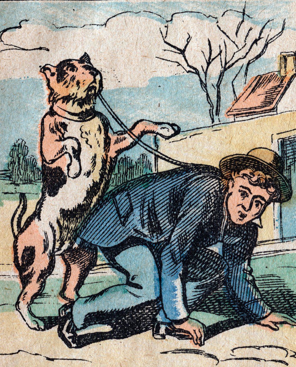 De wereld op zijn kop, een denkbeeldig land: een hond die zijn meester aan de lijn uitlaat - Epinal afbeelding door French School