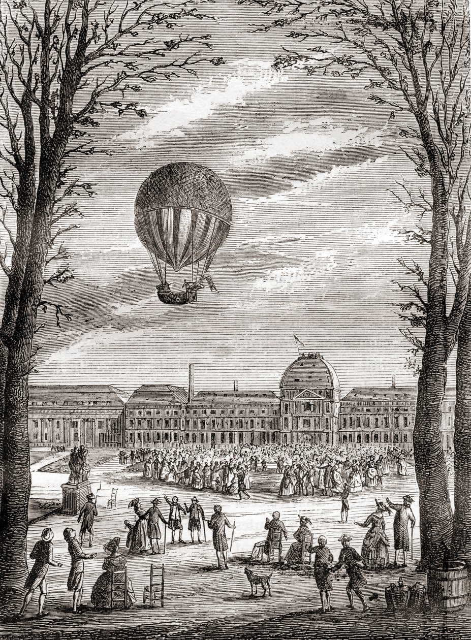 De eerste bemande waterstofballonvlucht ter wereld boven de Champs de Mars, Parijs, Frankrijk op 1 december 1783, bestuurd door Nicolas-Louis Robert en professor Jacques Charles, uit 