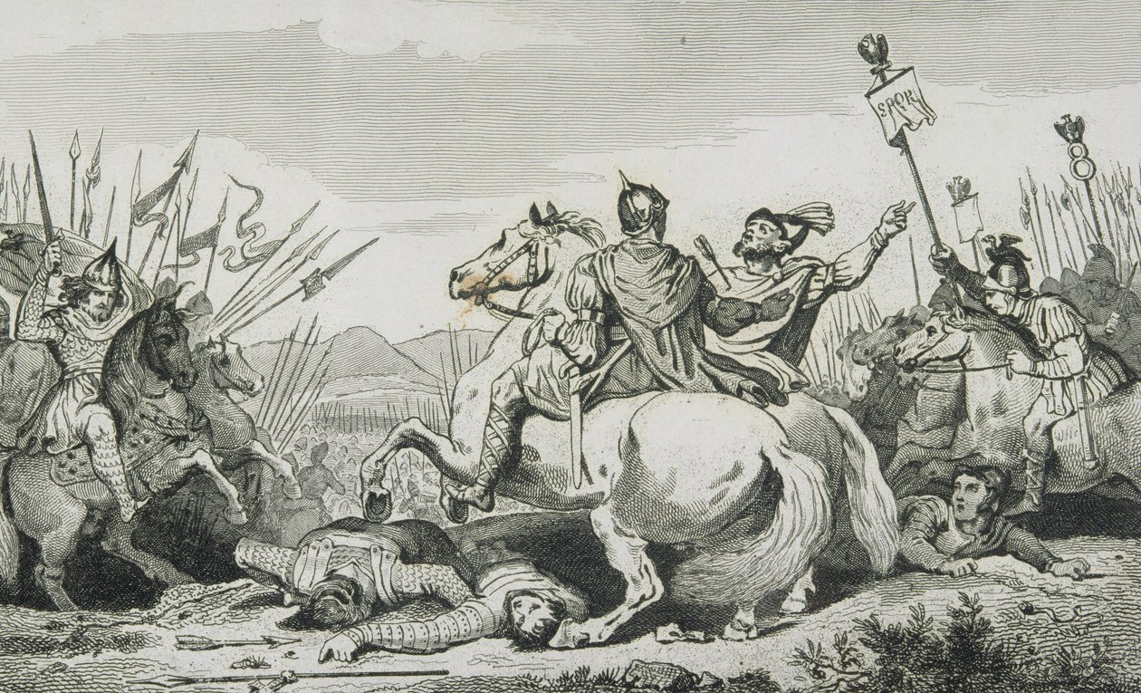 Theodorik wordt gedood in de strijd tegen Attila, nabij Chalons, uit 