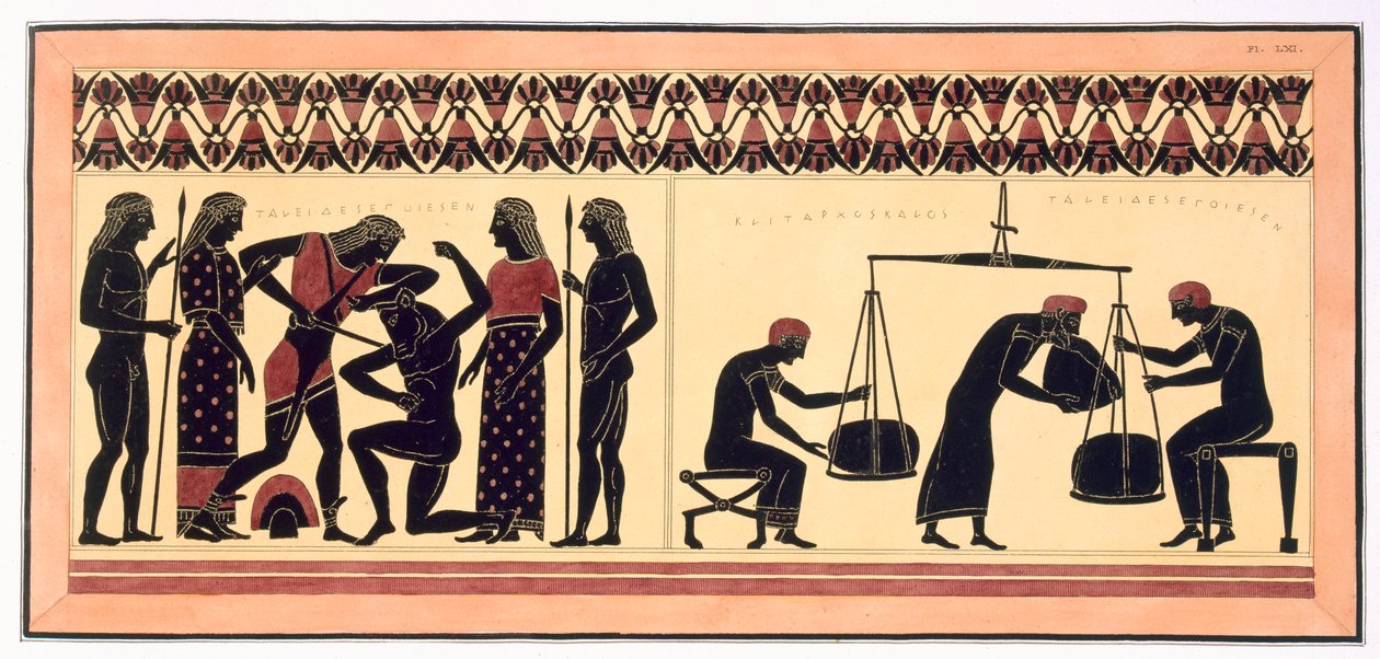 Theseus en de Minotaurus, rechts, met mannen die wol wegen, gepubliceerd 1808-10 door French School