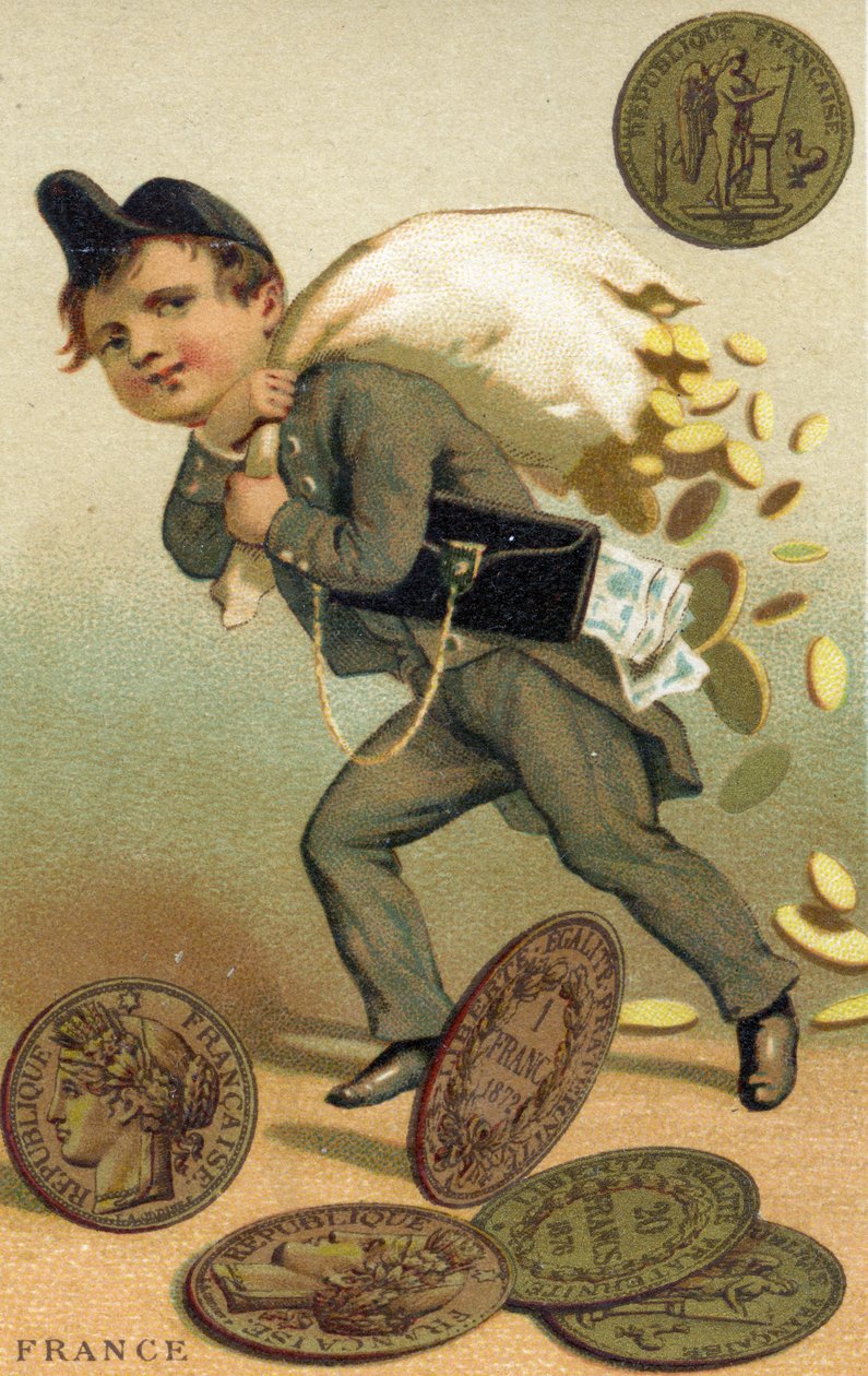 Dief die ontsnapt met een zak Franse francs en bankbiljetten, uit een serie promotiekaarten over valuta in verschillende landen, gepubliceerd in Parijs door Baster & Vieillemard voor gebruik door de chocoladeproducent door French School