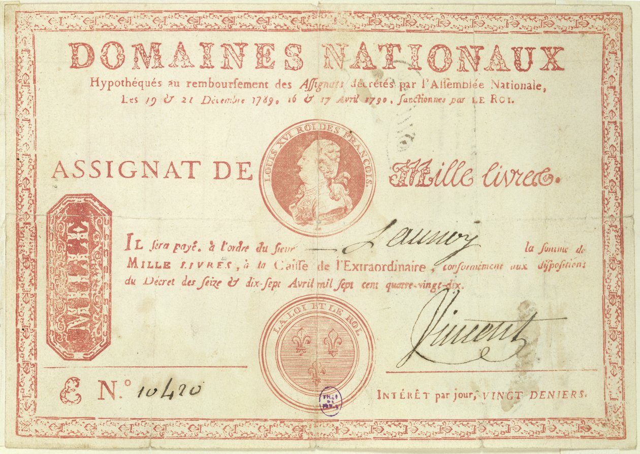 Duizend livre bankbiljet met een afbeelding van Lodewijk XVI, 1790 door French School