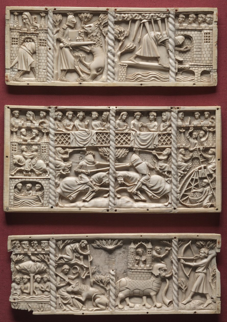 Drie panelen van een kist met scènes uit hoofse romances, ca.1330-1350 door French School