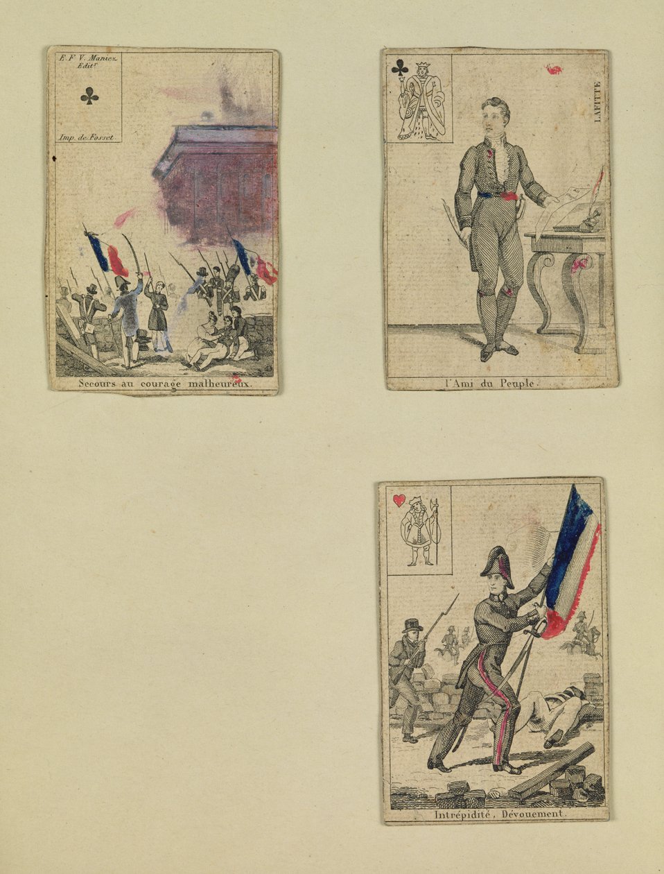 Drie speelkaarten ter herdenking van de helden van juli 1830, 1831 door French School