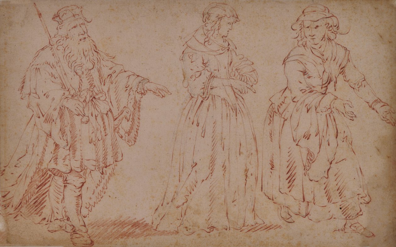 Drie theatrale figuren: King Lear, Cordelia en dienstmeid door French School