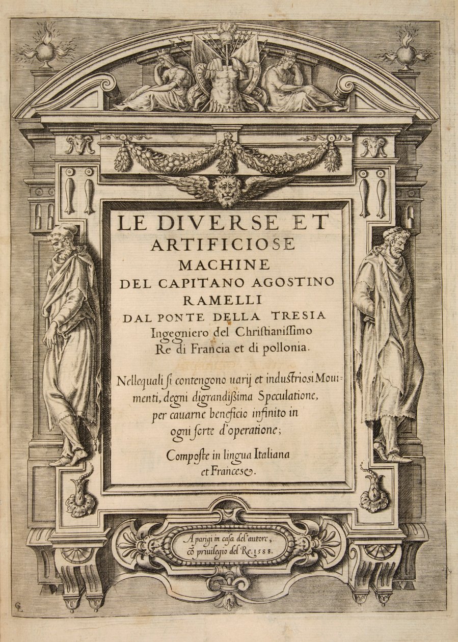 Titelpagina, uit Le Diverse Et Artificiose Machine Del Capitano Agostino Ramelli, pub. 1588 door French School