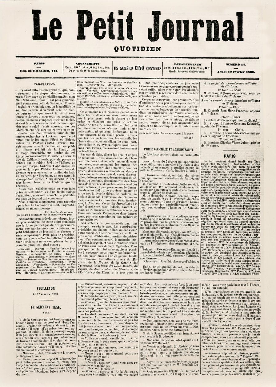 Titelpagina van dagblad Le Petit Journal, 12 februari 1863 door French School