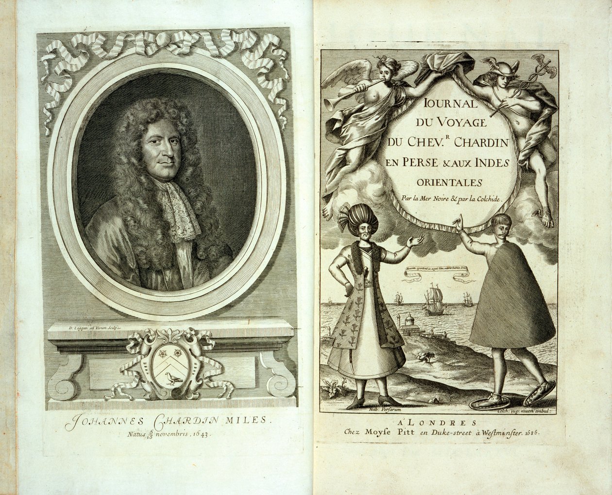 Titelpagina en frontispice portret van Journal du Voyage de Chevalier Chardin en Perse et aux Indes Orientales door Jean Chevalier Chardin, 1686 door French School