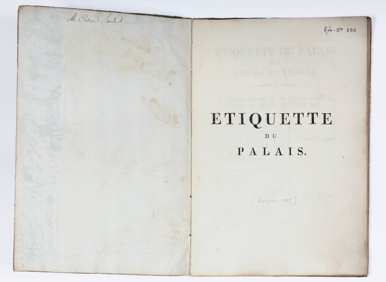 Titelpagina van de Etiquette du Palais, Lucca, 1805 door French School