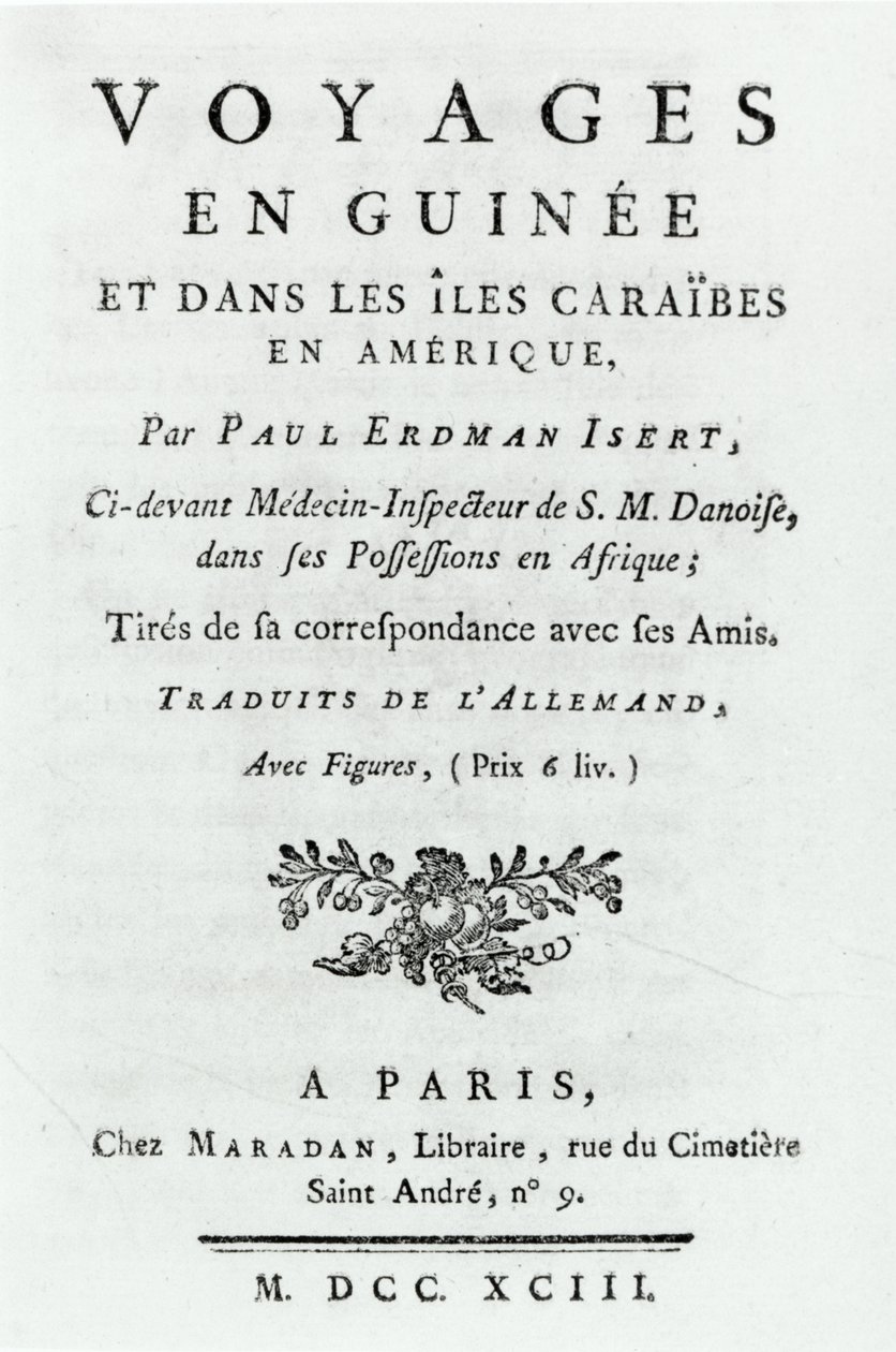 Titelpagina voor Reizen naar Guinee en de Caraïbische Eilanden in Amerika door Paul Erdman Isert, gepubliceerd 1743 door French School