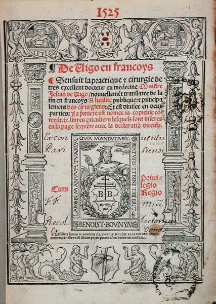 Titelpagina uit een boek over chirurgie door Jean de Vigo, 1525 door French School