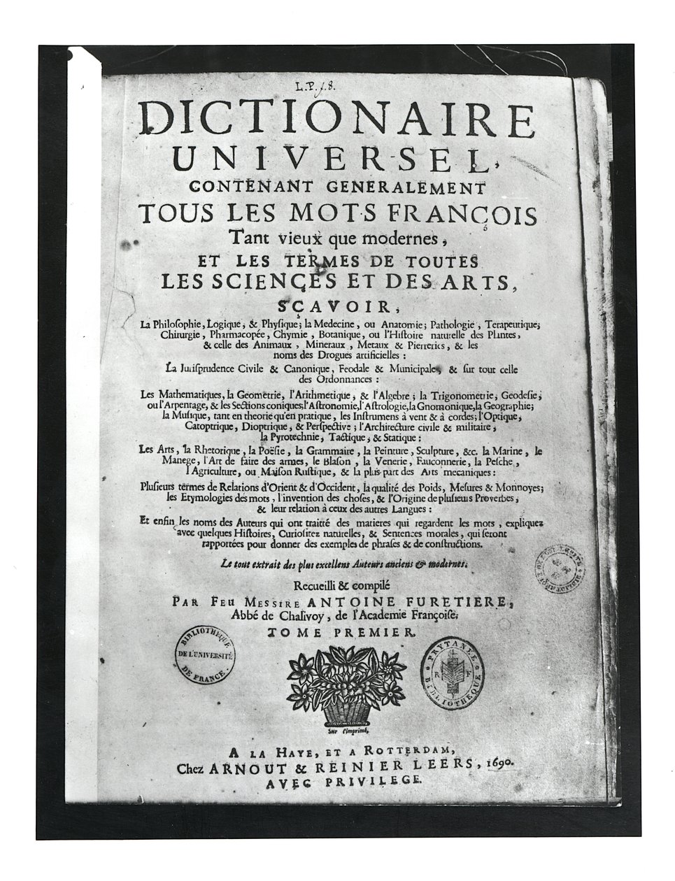 Titelpagina van het Dictionnaire Universel door Antoine Furetiere (1619-88) 1690 door French School