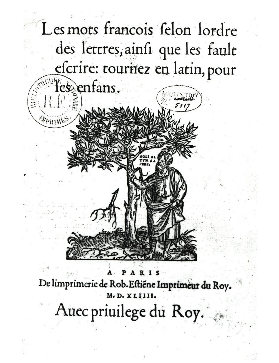 Titelpagina van het eerste Frans-Latijnse woordenboek, 1544 door French School