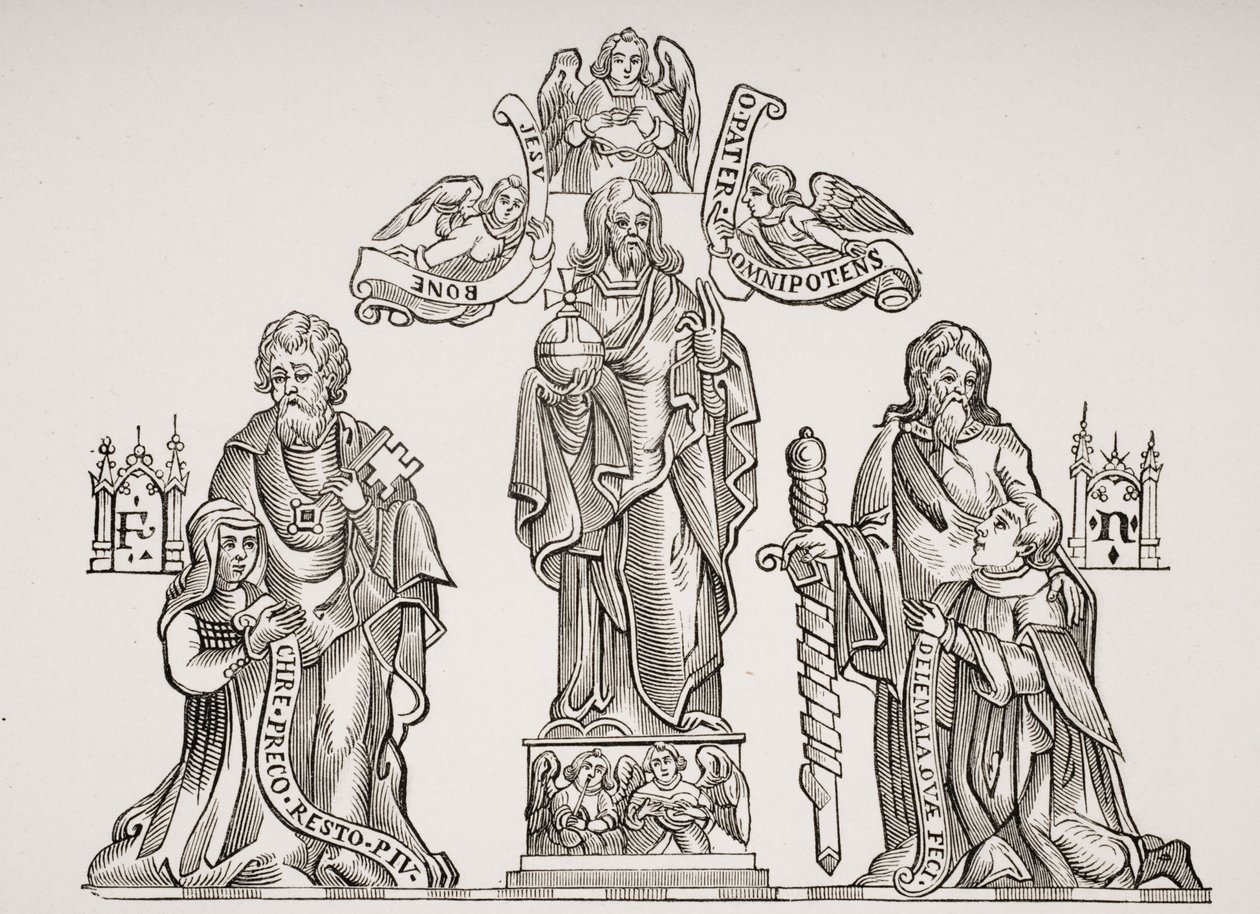 Grafdecoratie die Nicholas Flamel (ca. 1330-ca. 1418) en zijn vrouw Pernelle afbeeldt, naar decoraties in het Cimetière des Innocents, Parijs, uit Le Moyen Age et La Renaissance door Paul Lacroix (1806-84) door French School
