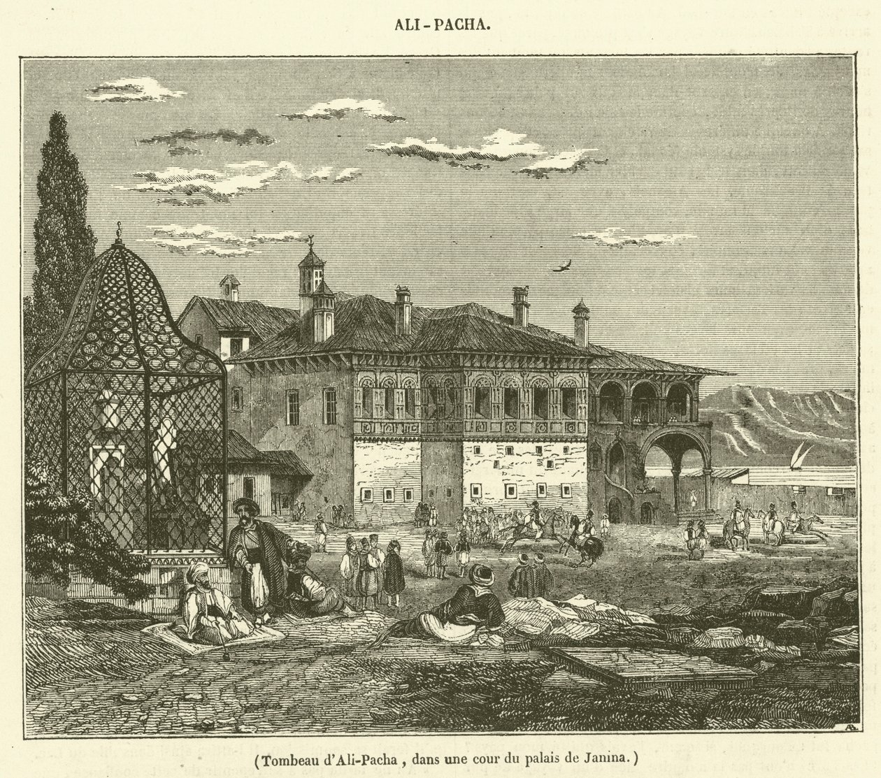 Graf van Ali-Pacha, op een binnenplaats van het Janina paleis (gravure) door French School