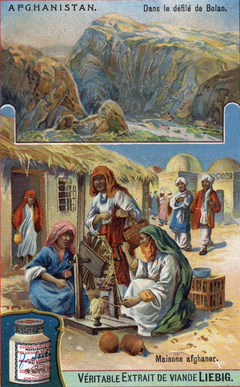 Boven: Bolan parade in Afghanistan. Onder: Afghaanse vrouwen die wol weven voor hun huizen. Chromolithografie uit de 19e eeuw. door French School