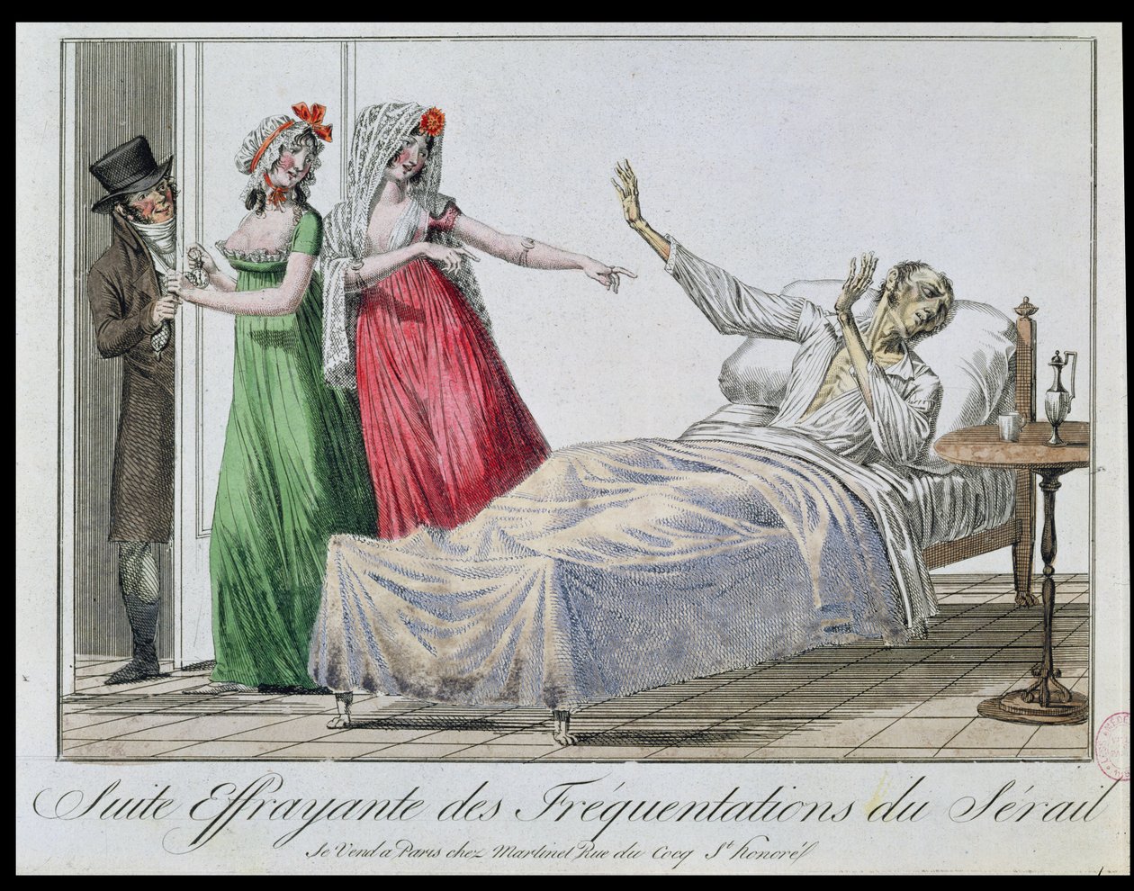 Tragisch gevolg van het bezoeken van bordelen, karikatuur van een syfilislijder, ca.1800 (kleurgravure) door French School