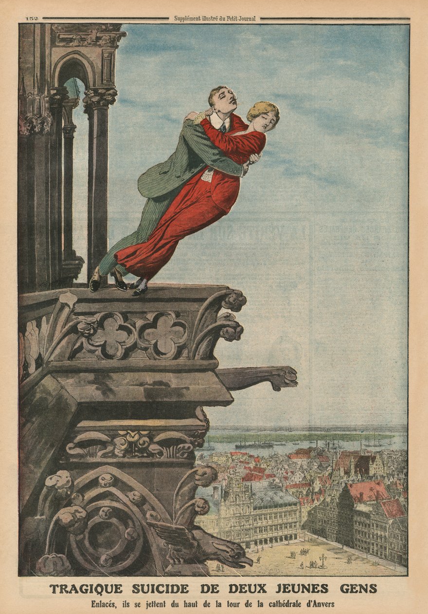 Tragische zelfmoord van twee jonge mensen vanaf de toren van de kathedraal in Antwerpen, achteromslag illustratie uit 