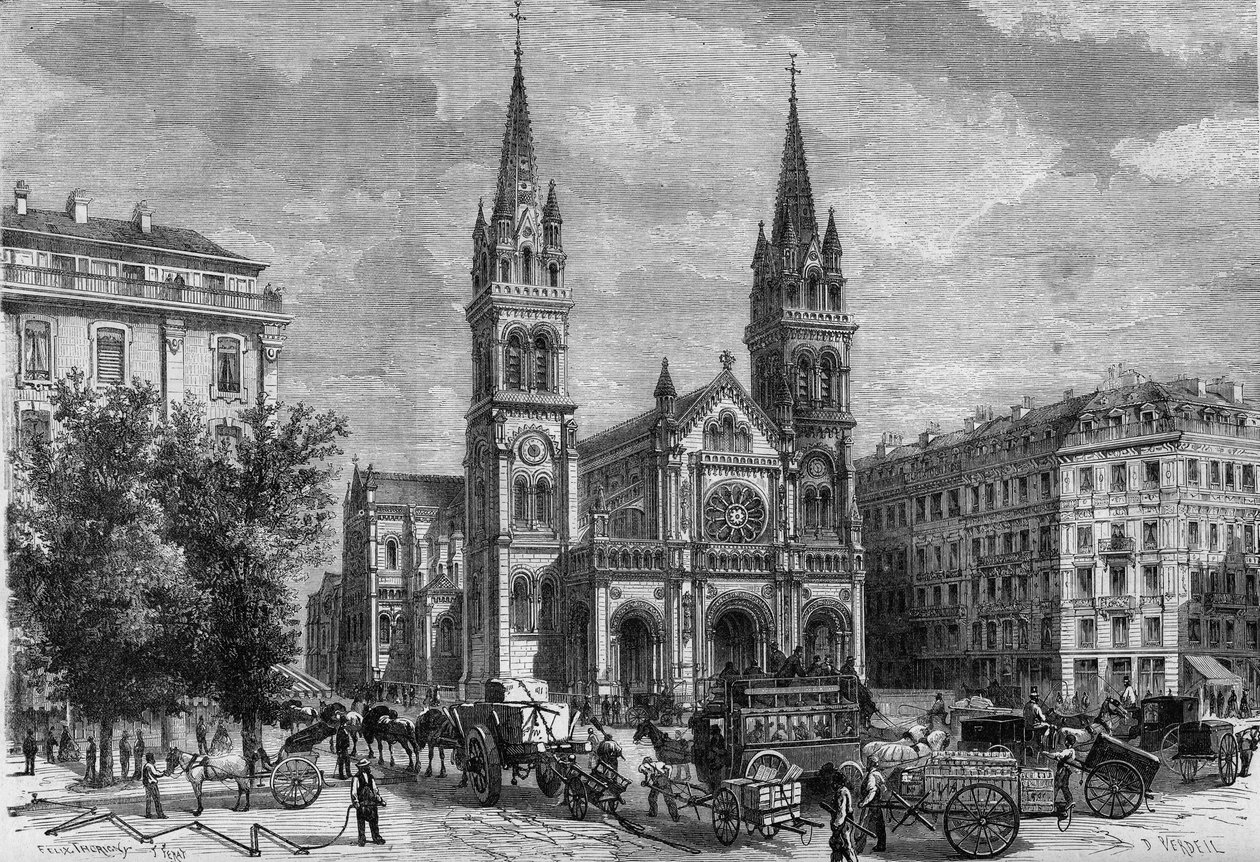Transformaties van Parijs onder het Tweede Keizerrijk, Haussmanns Parijs: buitenaanzicht van de Saint Ambroise kerk (Saint-Ambroise) gebouwd door Theodore Ballu (1817-1885) door French School